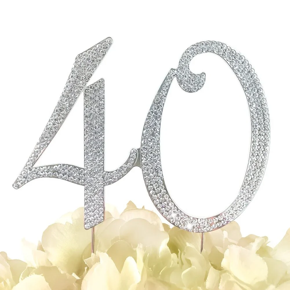 Rhinestone Cake Topper - Number 40 - Silver Metal with Czech Rhinestones